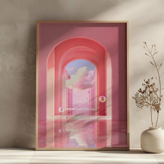 Surreal Abstract Wall Art Print Pink Cloud Dreamy Landscape Poster Eclectic Modern Surrealism Decor Artwork For Home Office