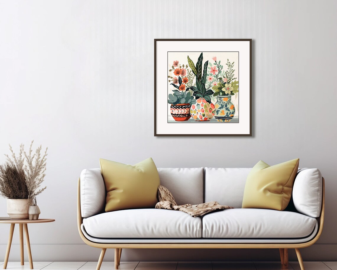 Folk Art Potted Plants Patterned Pots Pink Green Floral Wall Poster - Image 3