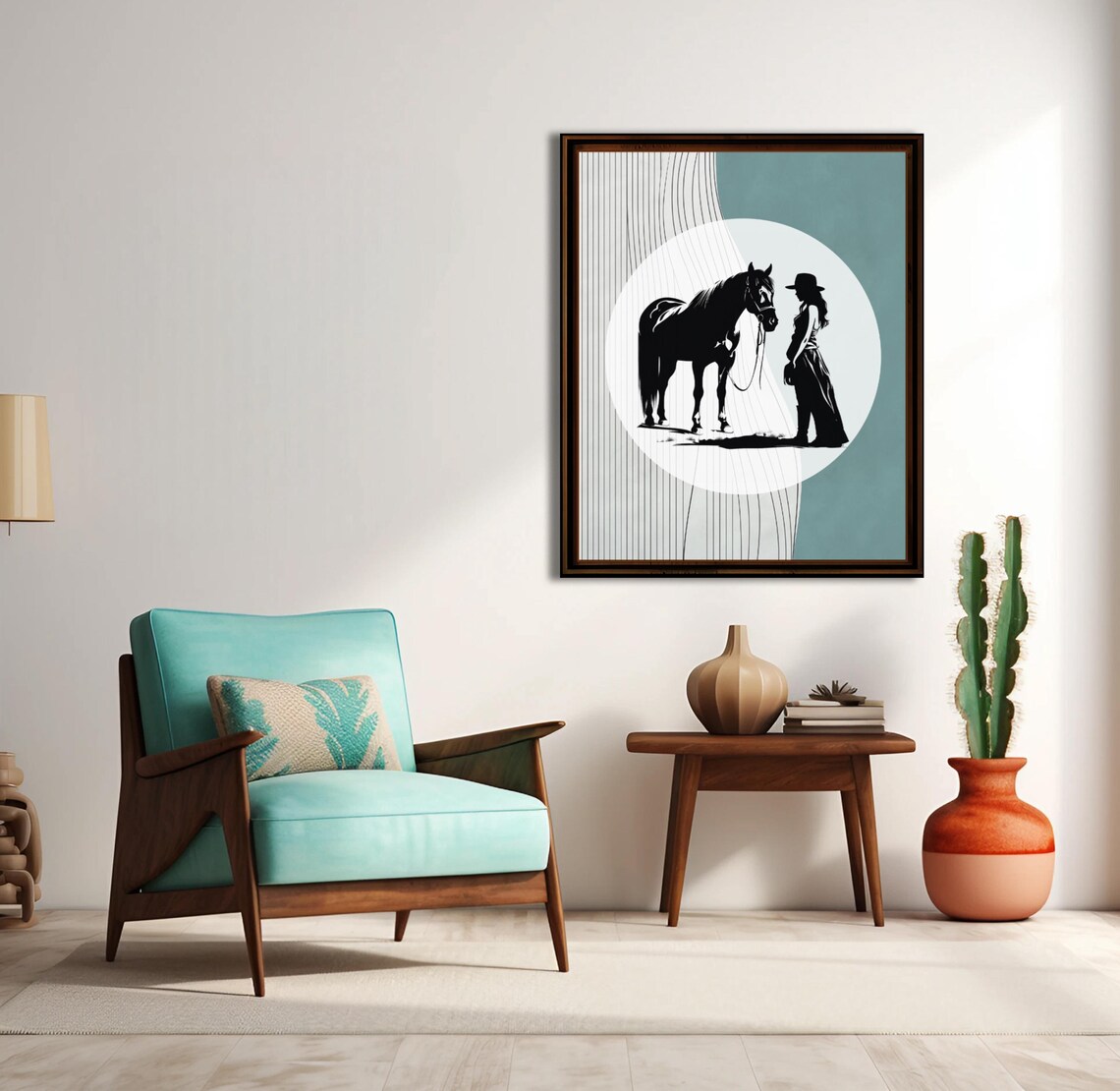 Cowgirl Horse Silhouette Teal Minimalist Western Equestrian Art Poster - Image 2