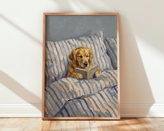 Golden Retriever In Bed Poster Dog Reading Book Wall Art