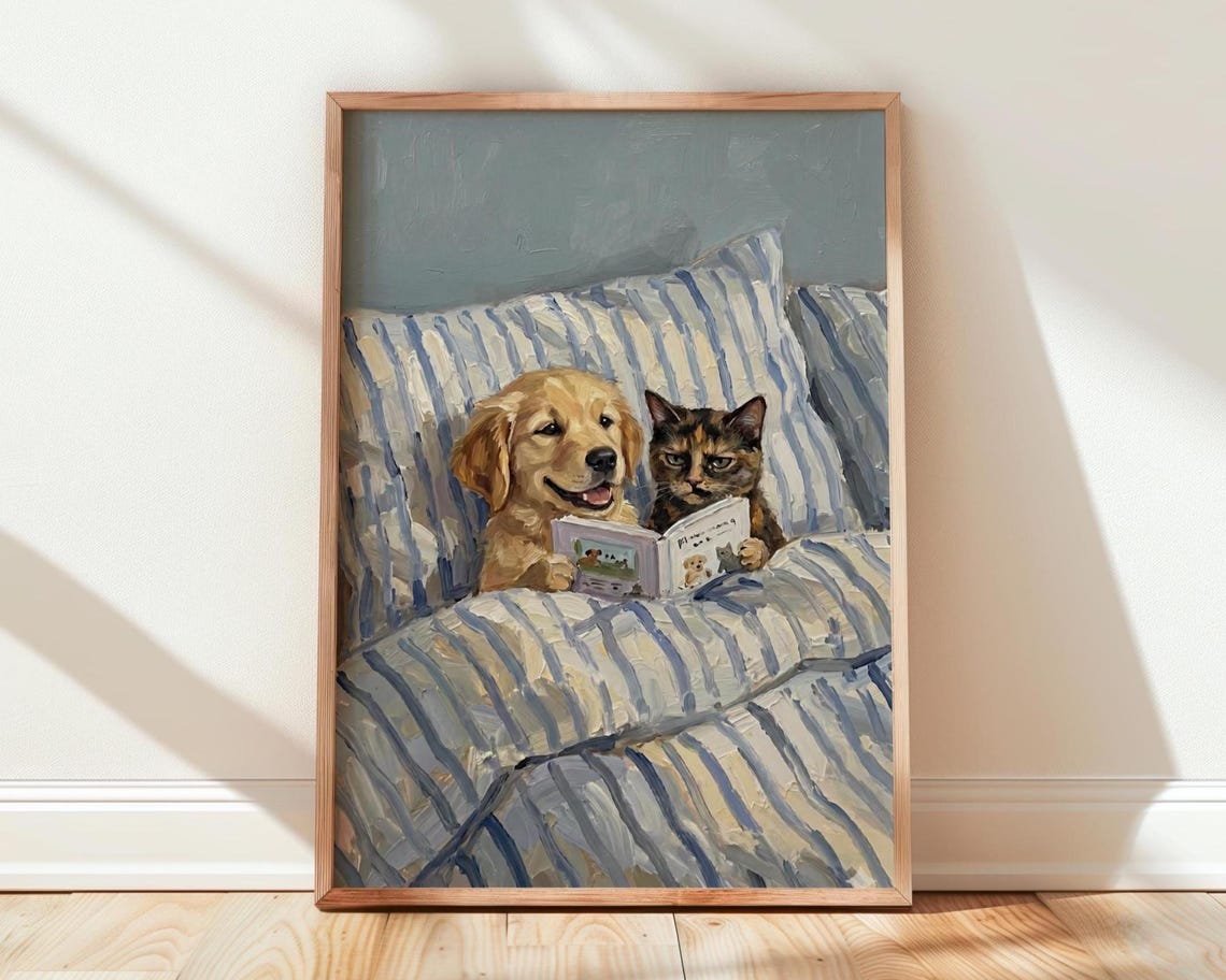 Golden Retriever With Cat Wall Art Dog In Bed Painting Pet Lover