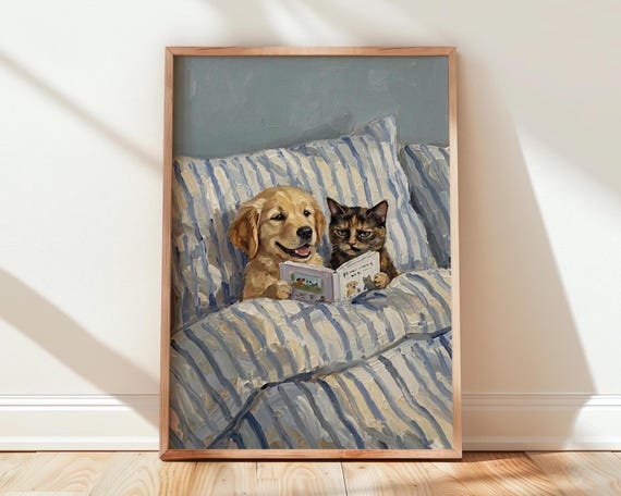 Golden Retriever With Cat Wall Art Dog In Bed Painting Pet Lover