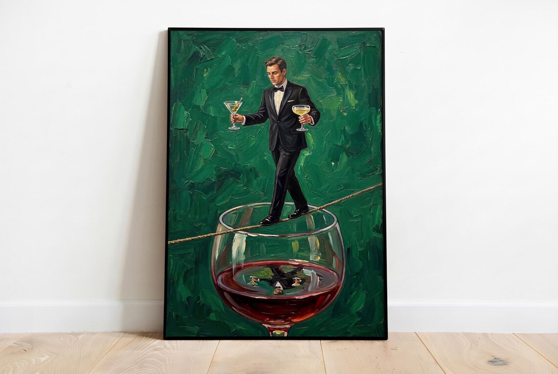 Man On Tightrope Above Wine Glass, Bar Decor Art Print