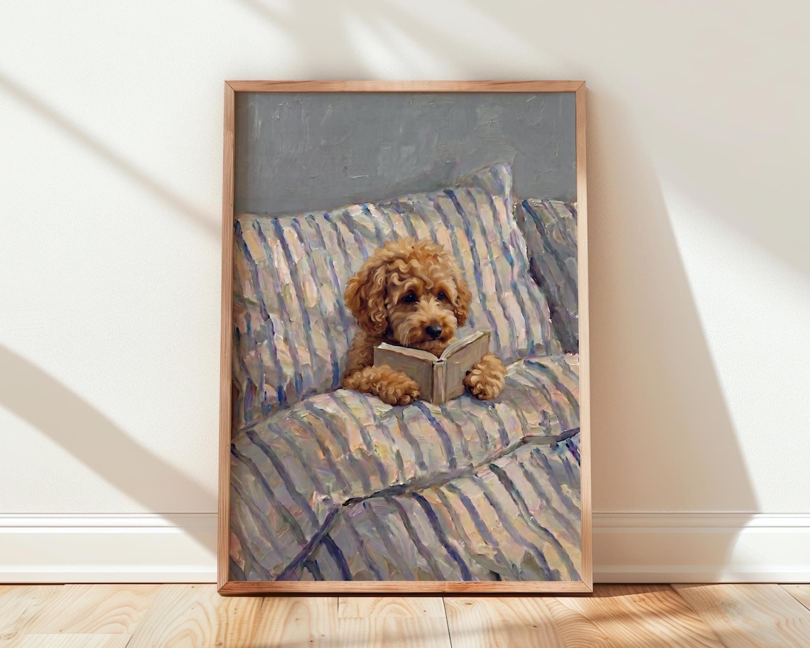 Cockapoo In Bed Print Dog Reading Book Wall Art