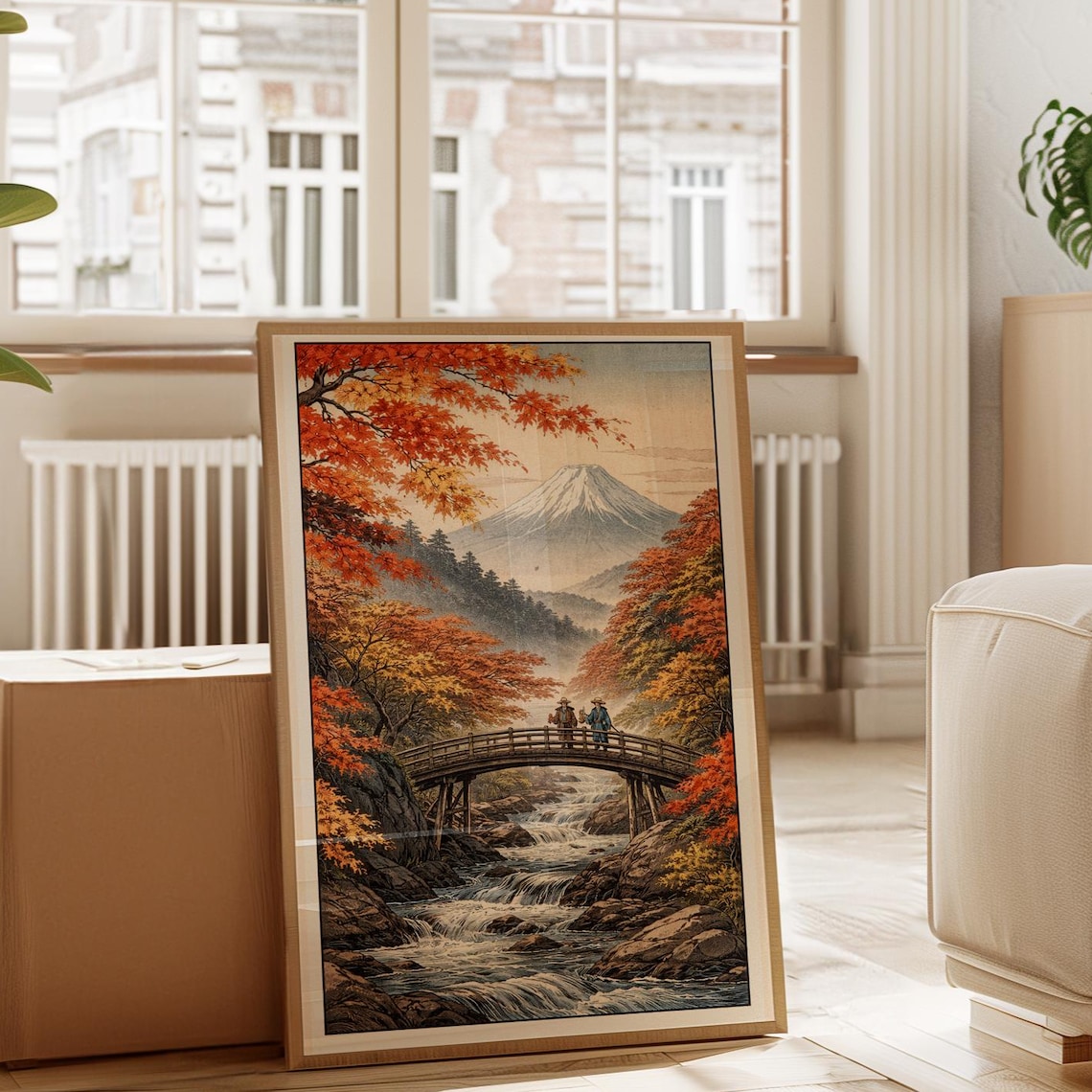 Mount Fuji Autumn Maples Wooden Bridge Japanese Landscape Ukiyo Poster