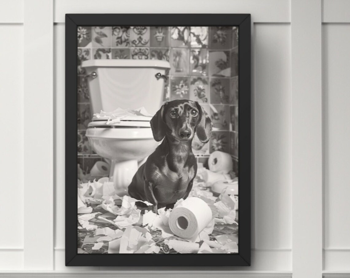 Caught Bad Dachshund Dog Toilet Paper Mess Funny Bathroom Poster