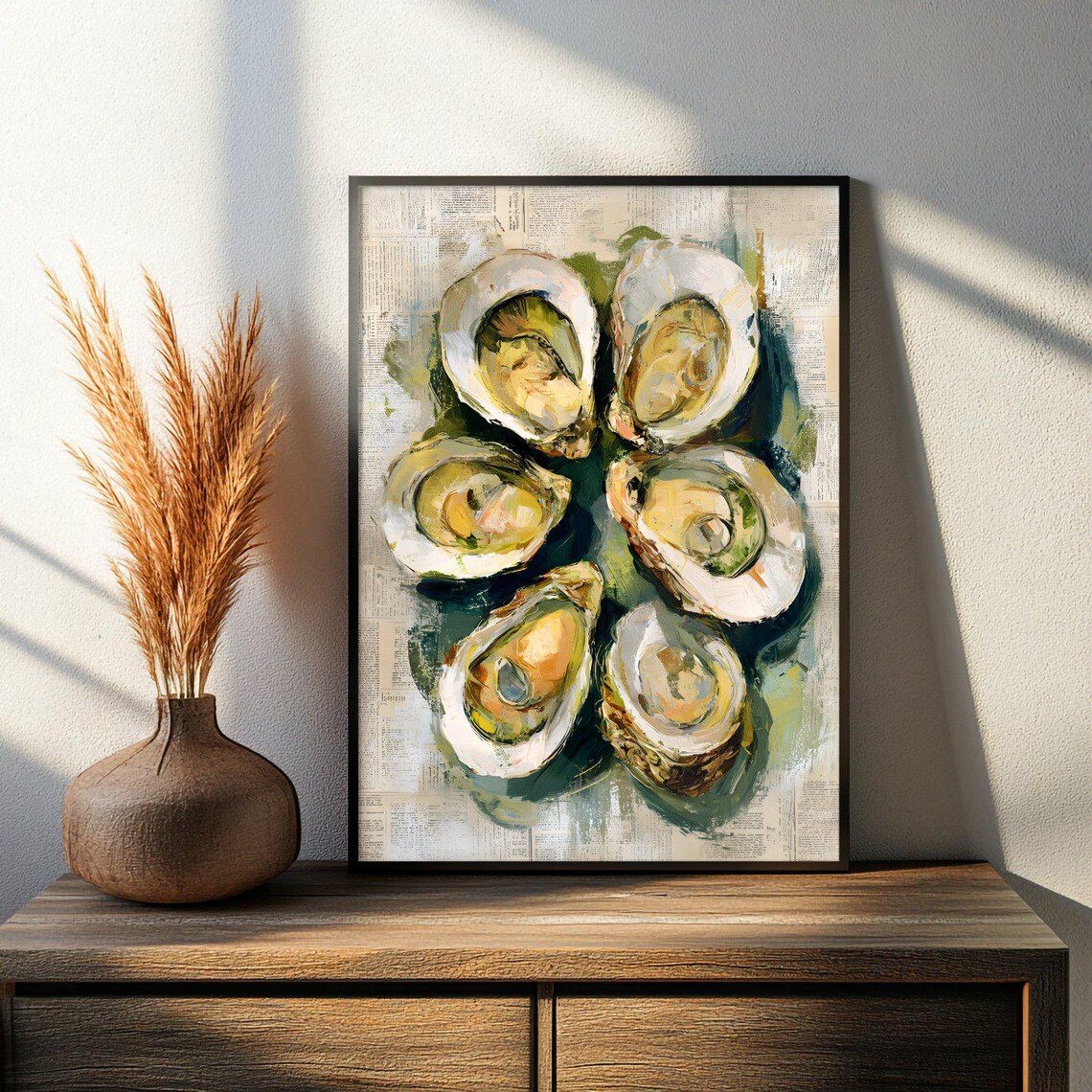 Oyster Shell Seafood Still Life Newspaper Painting Coastal Poster