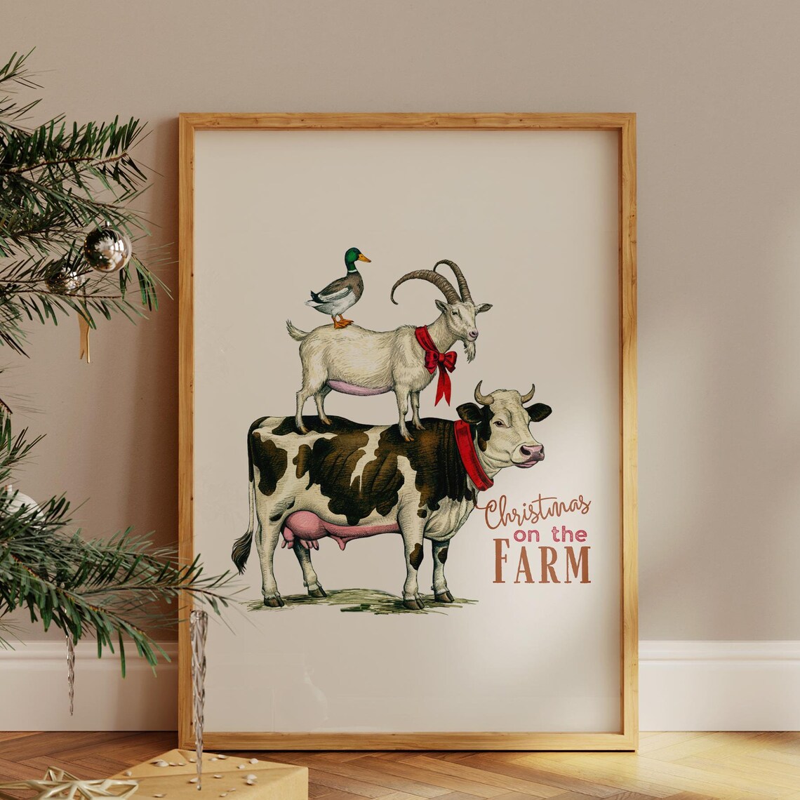 Christmas on the Farm Stacked Cow Goat Duck Animals Art Poster