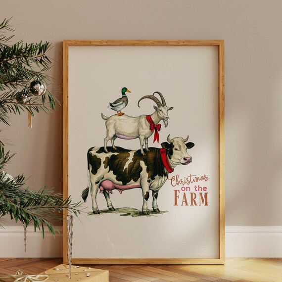 Christmas on the Farm Stacked Cow Goat Duck Animals Art Poster