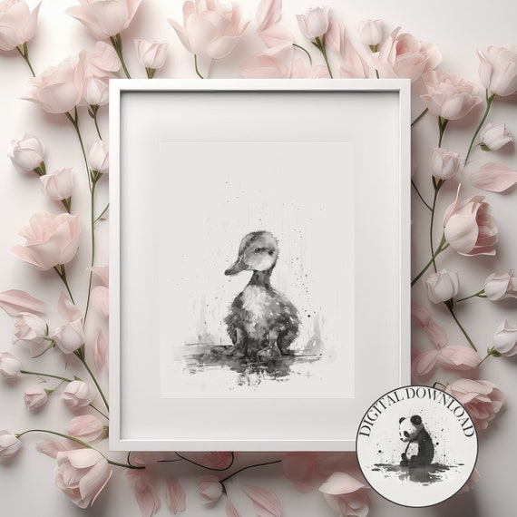 Baby Goose In The Rain Cute Illustration Infant Nursary Decor Ink Drawing Art