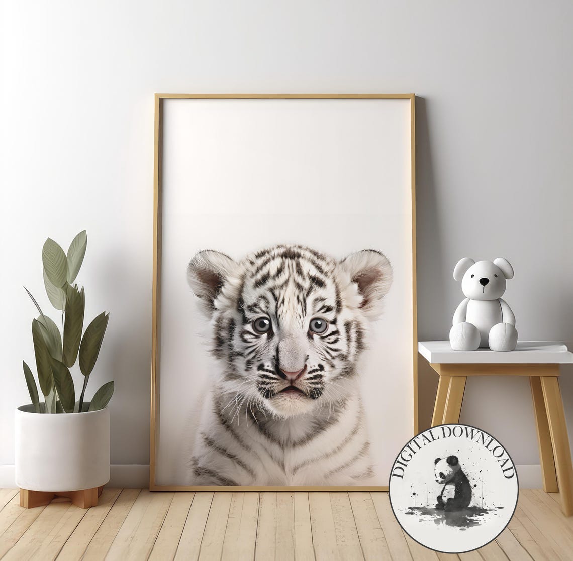 White Tiger Cub Wall Art Cute Illustration Infant Nursery Decor Ink Drawing