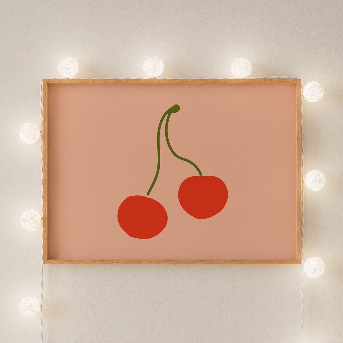 Red Cherries Minimalist Fruit Illustration Peach Background Poster