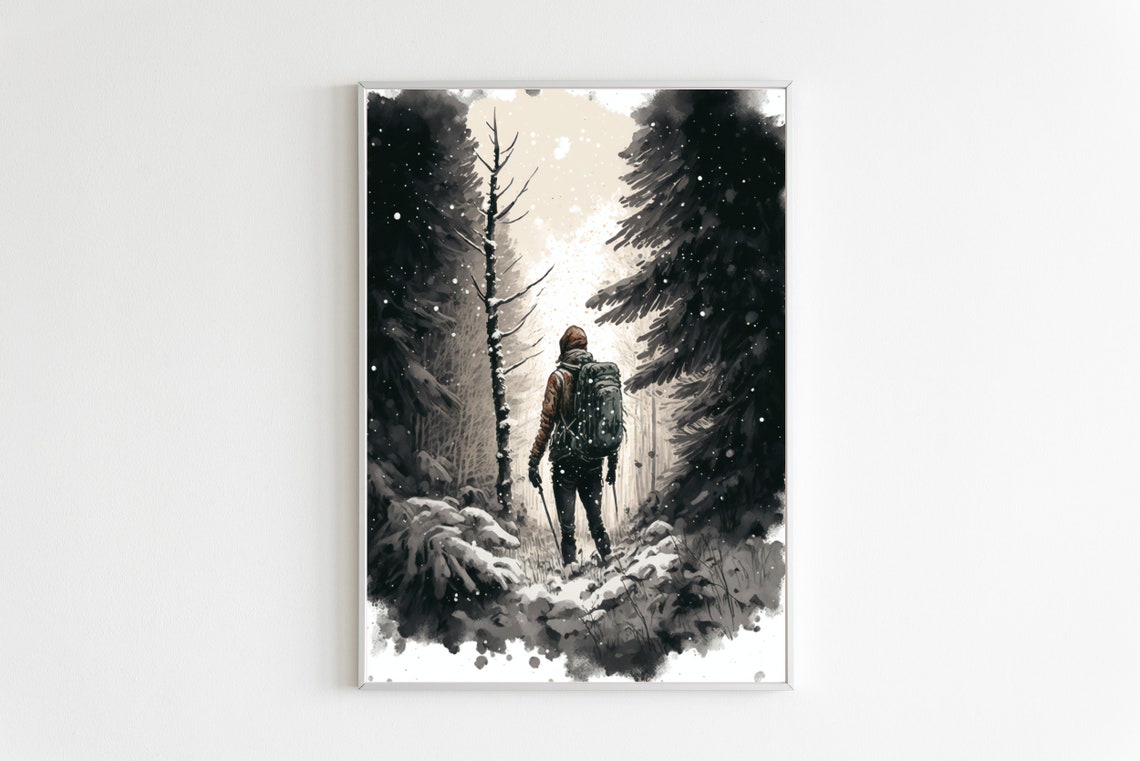 Lone Hiker Snowy Pine Forest Backpack Winter Adventure Poster