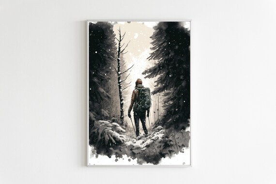 Lone Hiker Snowy Pine Forest Backpack Winter Adventure Poster