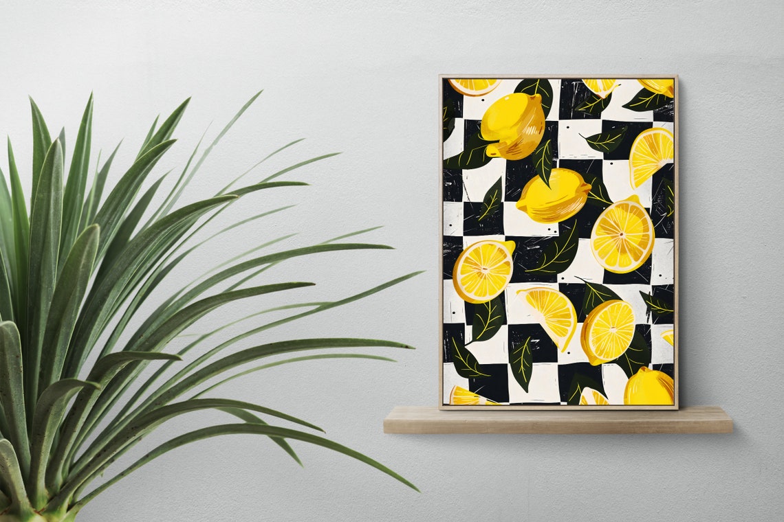 Lemon Wall Art Trendy Checkered Abstract Print Aesthetic Printable Wall Art Instant - Image 3