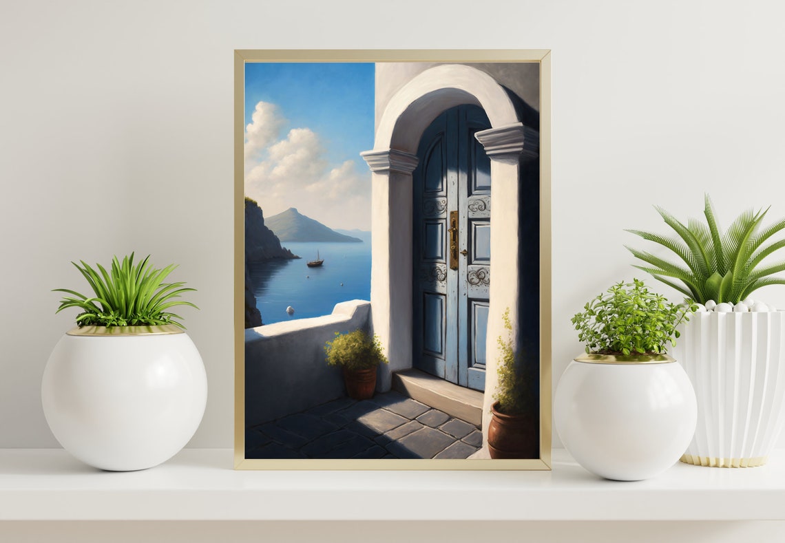 Mediterranean Terrace Blue Door Overlooking Calm Aegean Sea Poster - Image 2