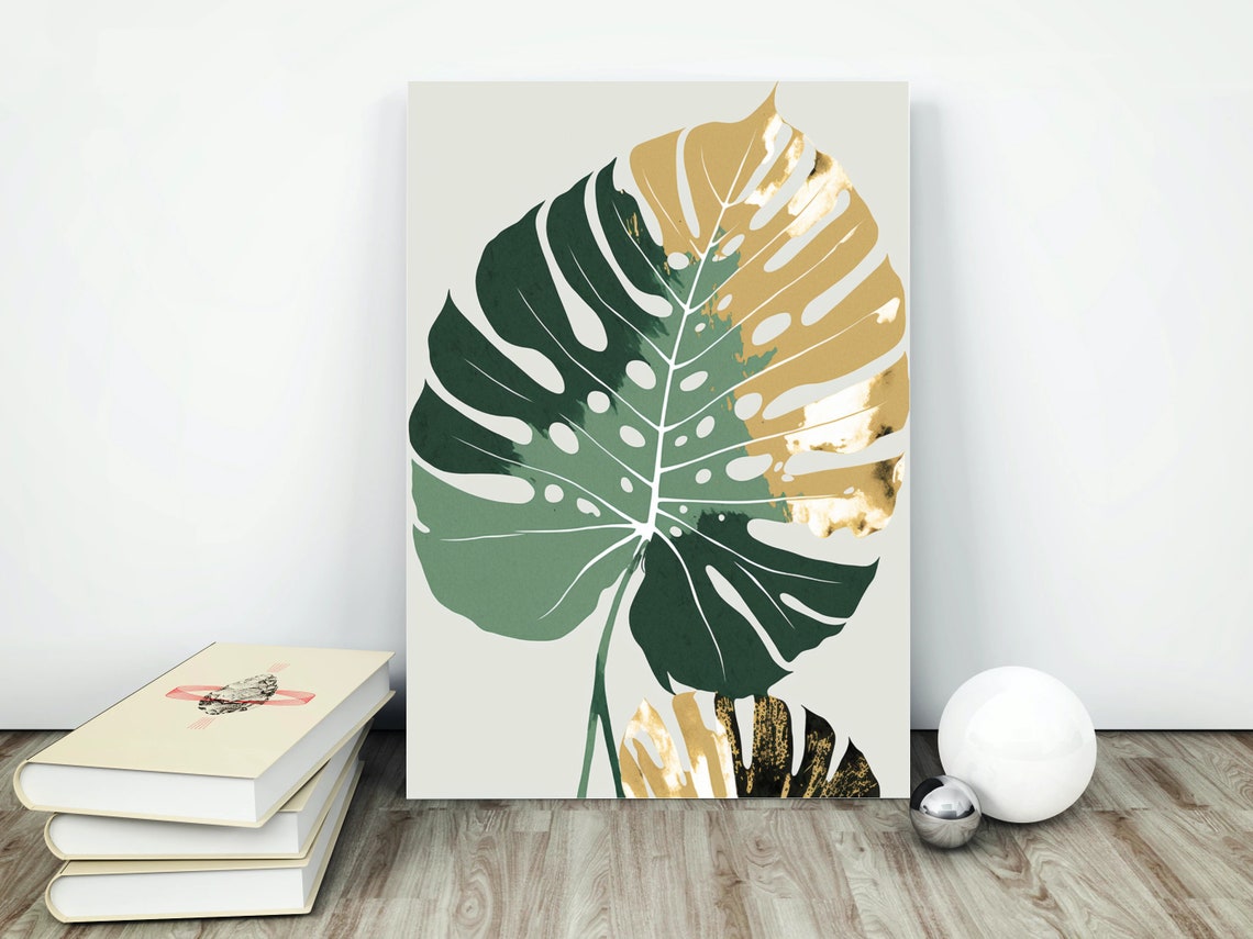 Minimalist Monstera Leaf Green and Gold Botanical Line Art Poster