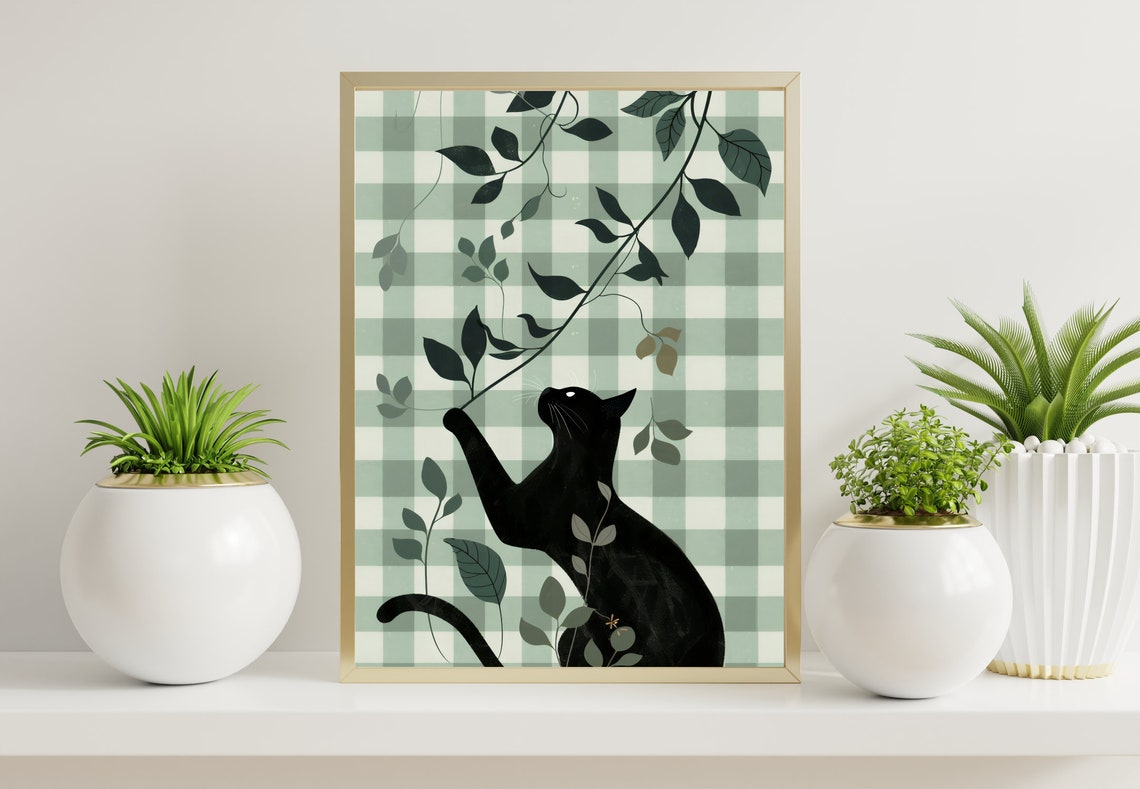 Sage Green Gingham Black Cat Botanical Leafy Chic Vintage Poster - Image 4