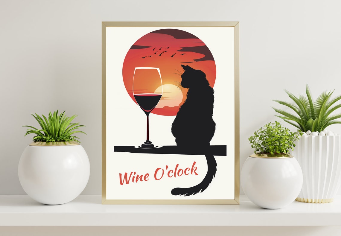 Wine O'clock Black Cat Wine Glass Silhouette Sunset Funny Poster - Image 3