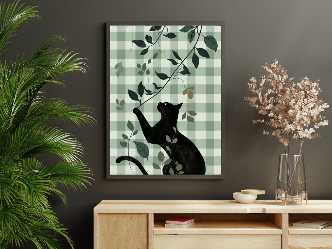 Sage Green Gingham Black Cat Botanical Leafy Chic Vintage Poster - Image 2