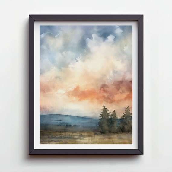Watercolor Skyscape Artwork Skyscape Instant Clouds Trees Painting