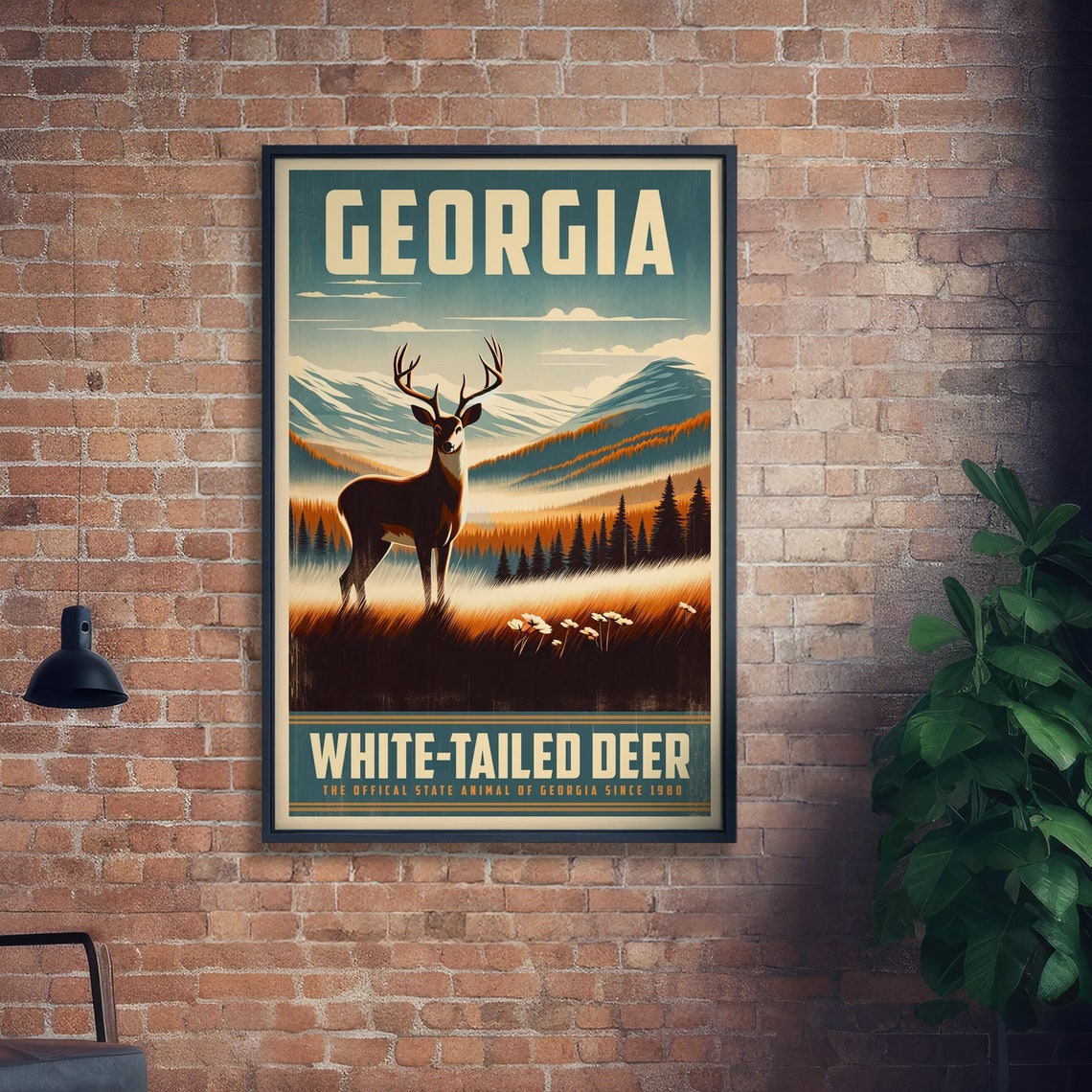 Georgia White-Tailed Deer Mountain Meadow Vintage Wildlife Poster