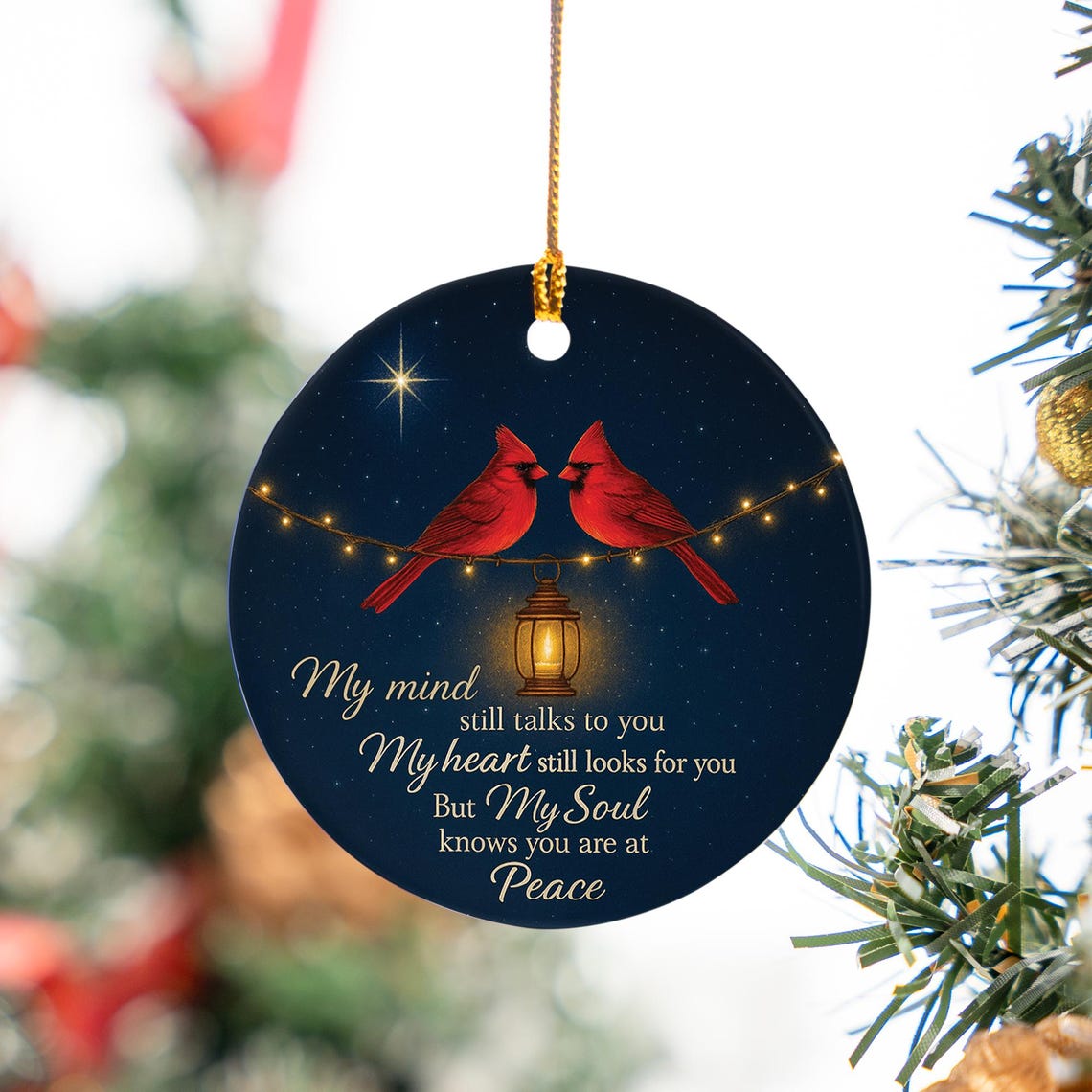 Ceramic Memorial Ornament Cardinal Bird Night Sky Design With Sympathy Quote
