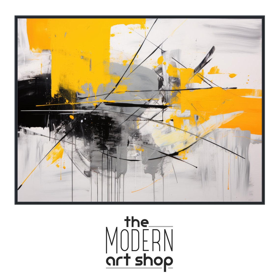 Yellow Black White Bold Abstract Expressionist Modern Dynamic Wall Art - Image 4