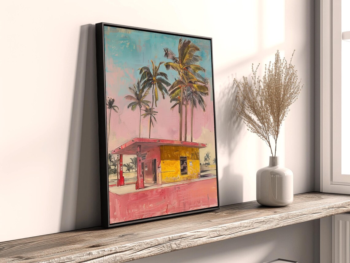Retro Gas Station Painting Palm Trees Pink Sky Vintage Wall Poster - Image 2