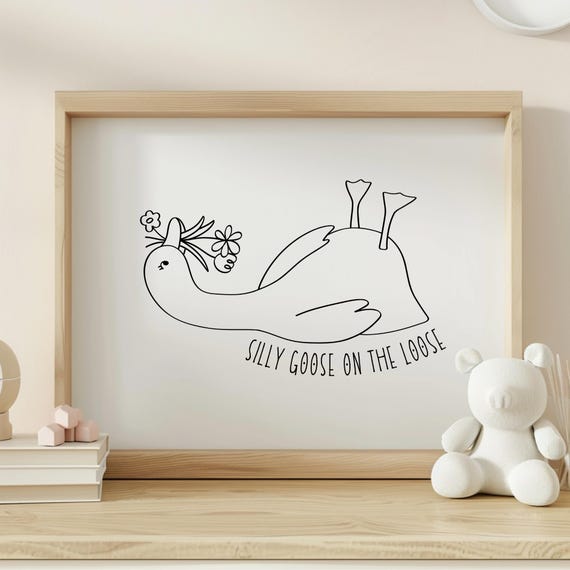 Minimalist Silly Goose Wall Art Farmhouse Decor Kids Room Print On The Loose Nursery Fun In Blackwhite