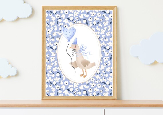 Blue Vintage Wall Art Birthday Goose Print Cute Nursery Decoration Dreamy Farm Animal Floral Kids Decor Trendy Playroom