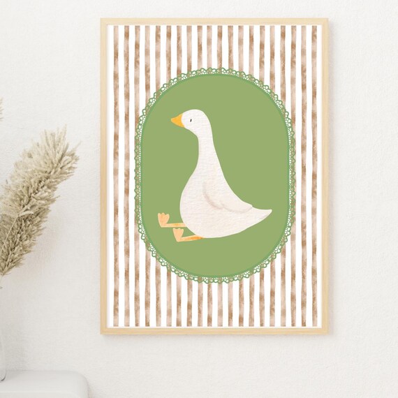 White Goose Portrait In Green Lace Oval Cottage Core Nursery Print