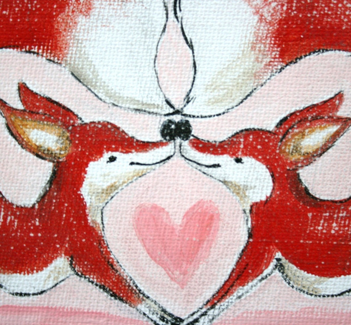 Two Red Foxes Kissing With Pink Heart Valentine Love Art Poster