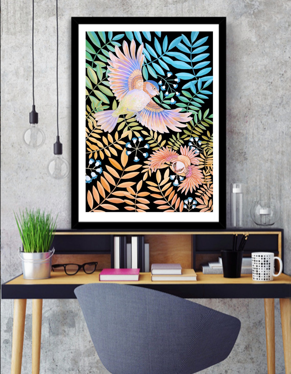 Colorful Tropical Birds In Flight Black Botanical Dramatic Art Poster - Image 4