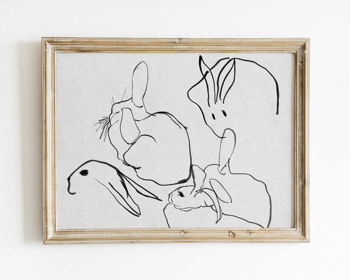 Vintage Farmhouse Rabbit Line Art Wall Art Print