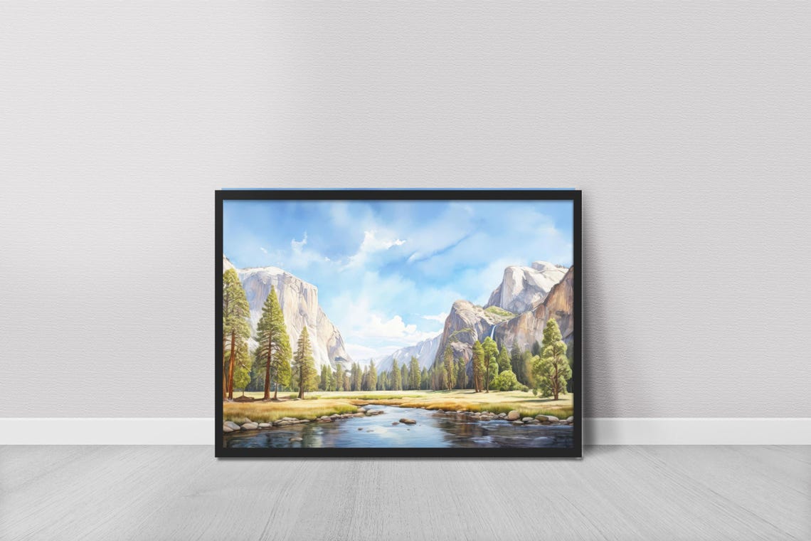 Yosemite Valley Granite Cliffs Meadow Waterfall Watercolor Art Print