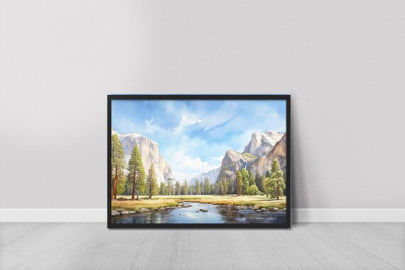 Yosemite Valley Granite Cliffs Meadow Waterfall Watercolor Art Print