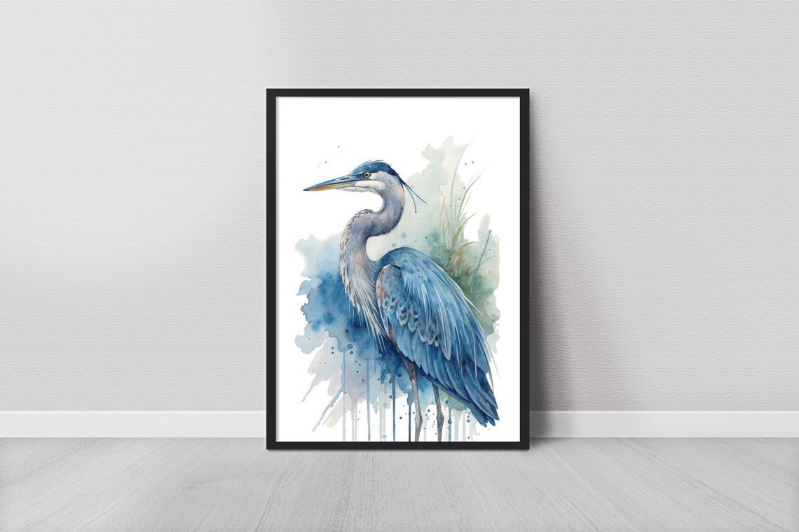 Great Blue Heron Watercolor Marsh Bird Elegant Wildlife Poster