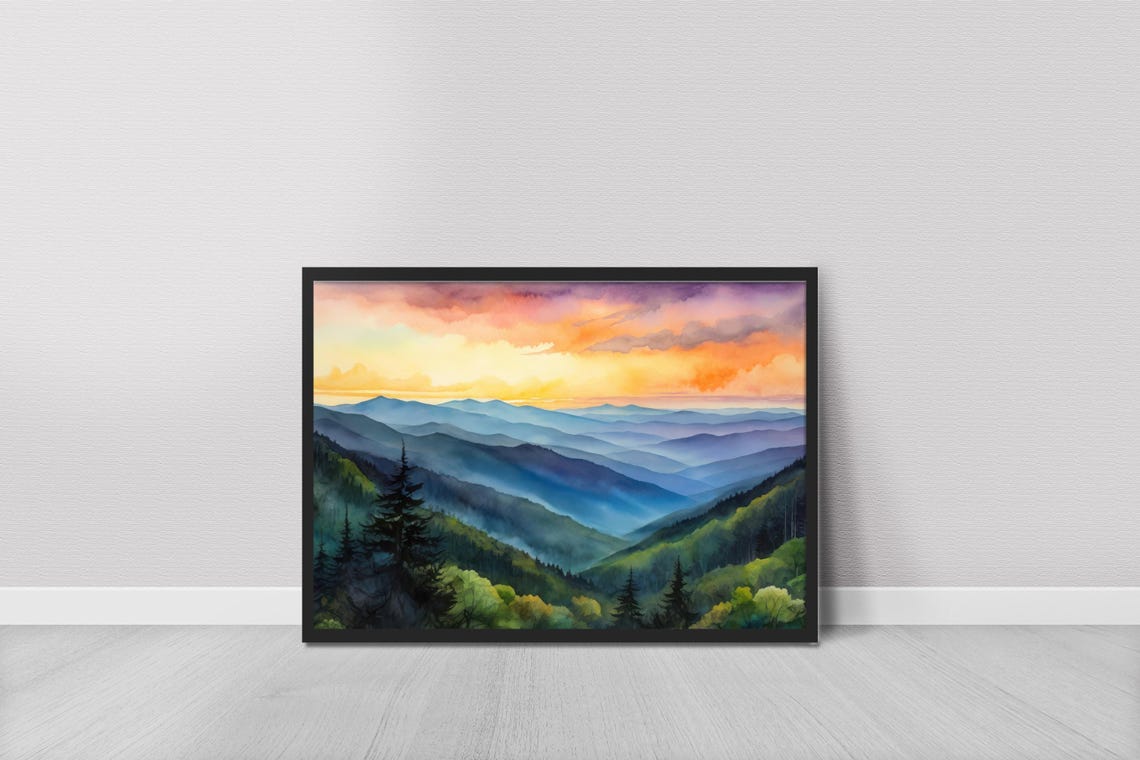 Great Smoky Mountains Misty Blue Ridge Sunset Watercolor Print