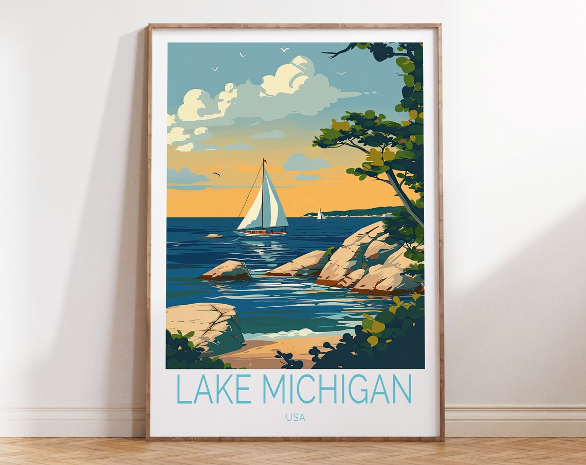 Lake Michigan Travel Poster, USA Sunset Wall Art