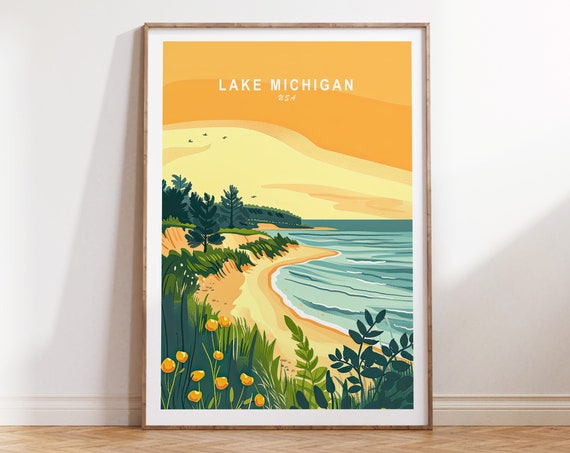 Lake Michigan Travel Poster, USA Coast Print