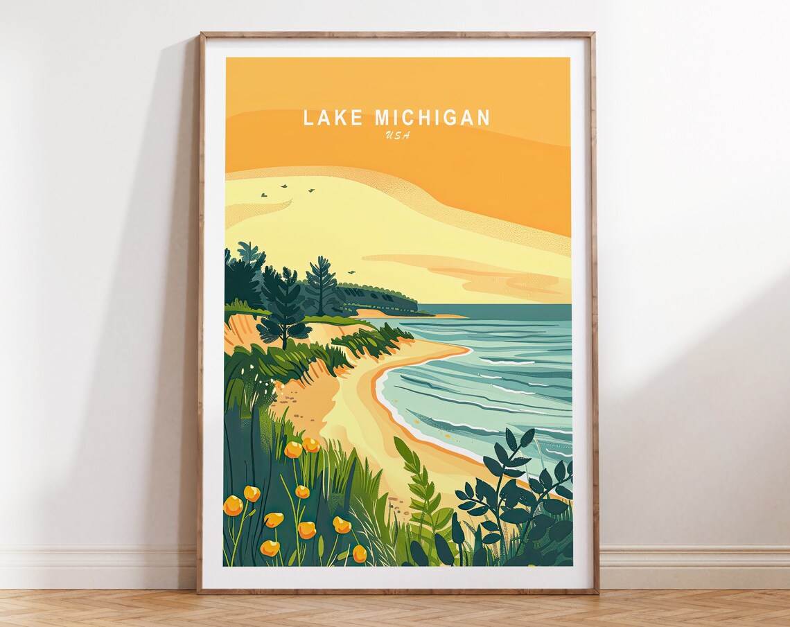 Lake Michigan Travel Poster, USA Coast Print