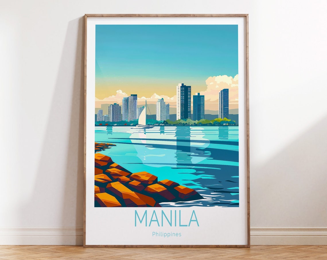 Manila Philippines Skyline Across the Bay at Sunset Travel Poster