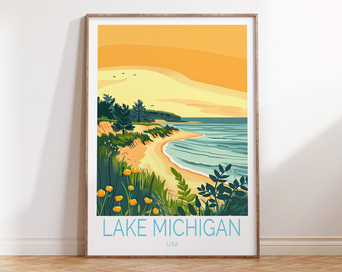 Lake Michigan Sunset Travel Poster, USA Wall Decor