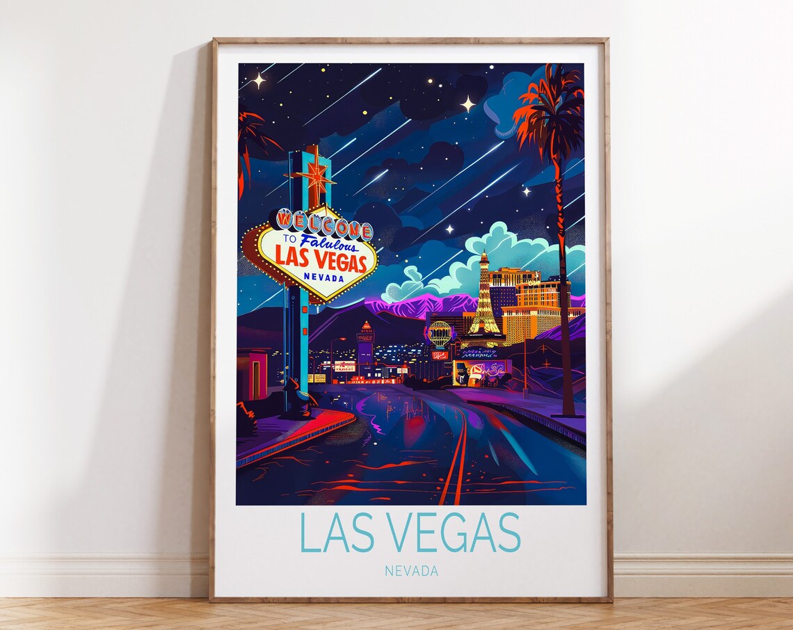 Las Vegas Night Neon Welcome Sign Retro City Travel Poster Art