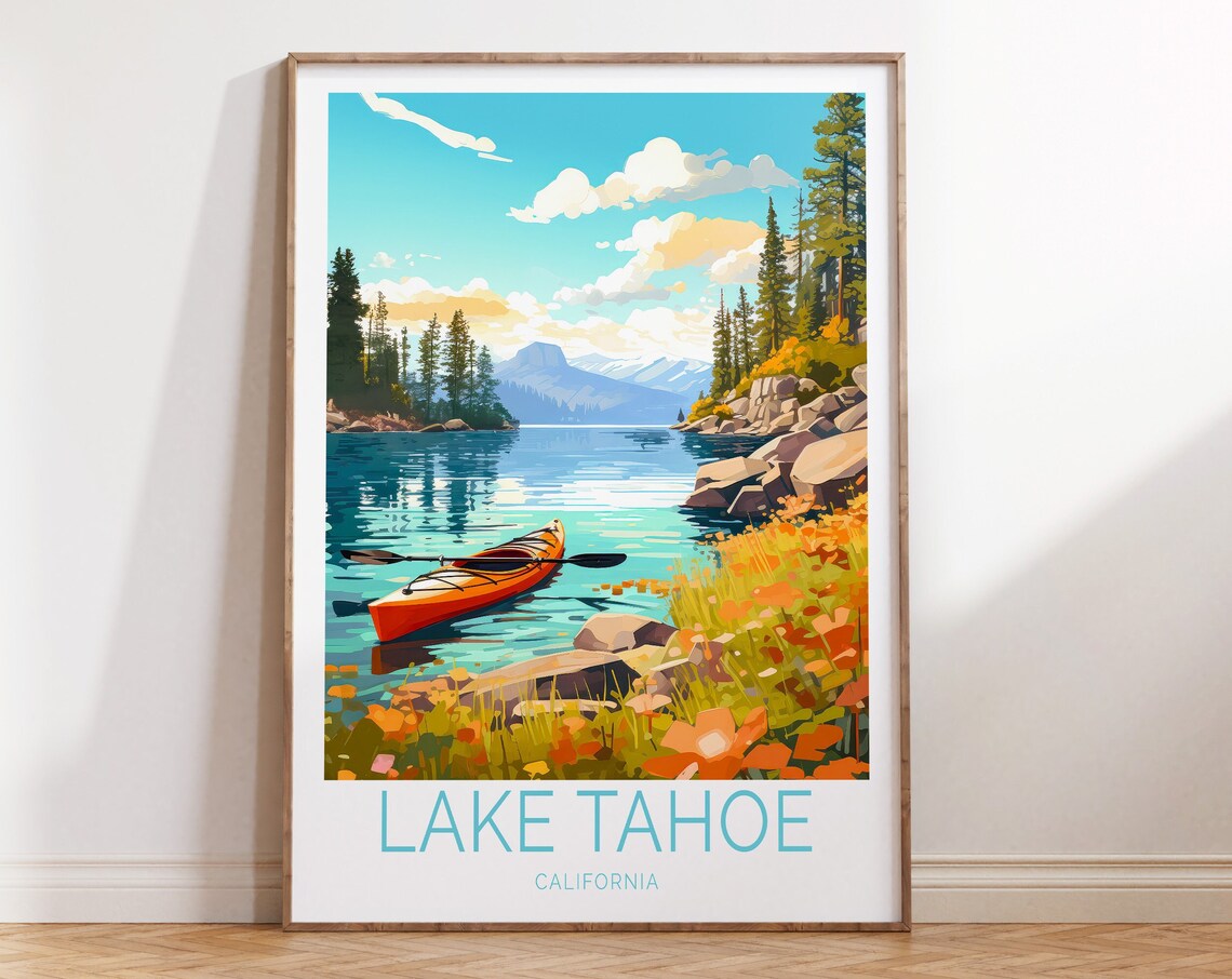 Lake Tahoe California Orange Kayak on the Lake Travel Poster Art