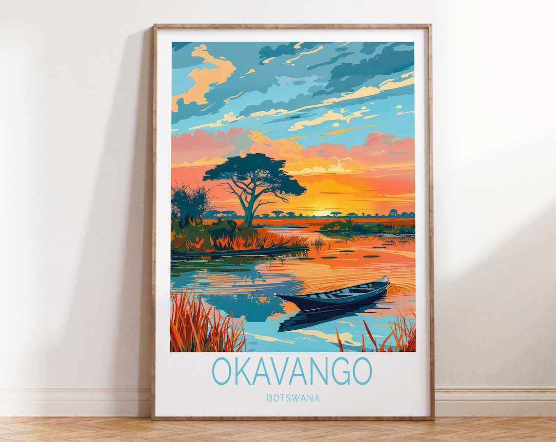 Okavango Travel Poster, Botswana Landscape Art