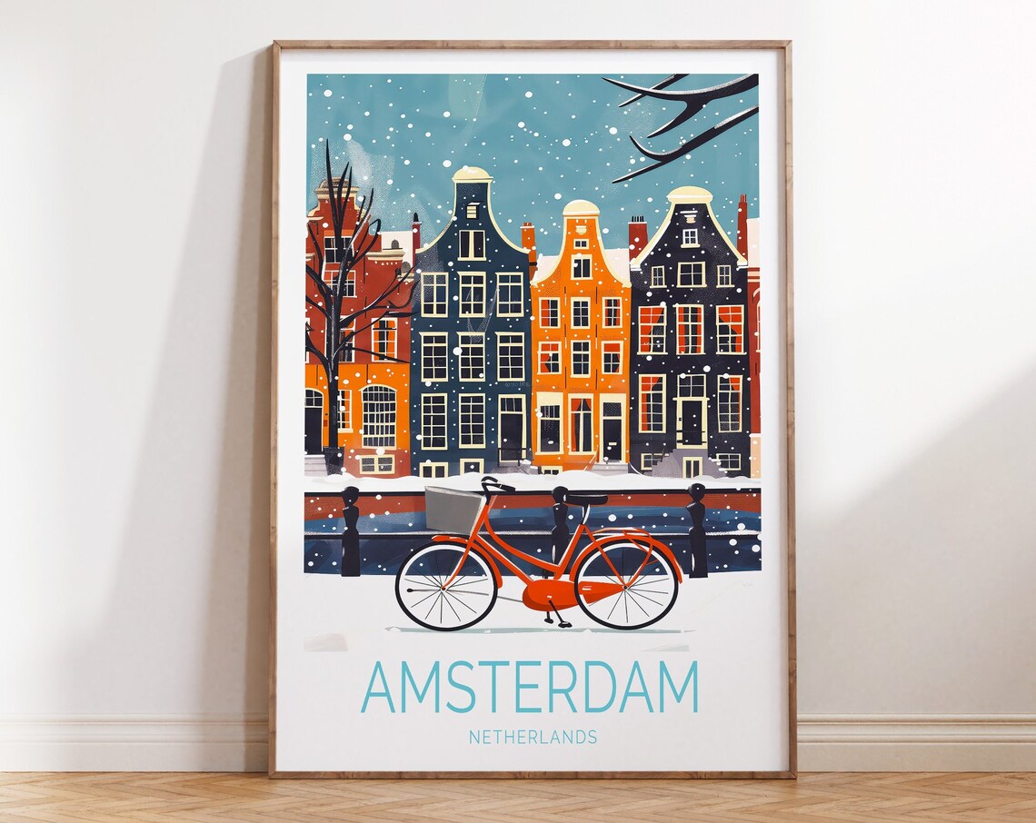 Amsterdam Netherlands Snowy Canal Houses and Orange Bike Poster