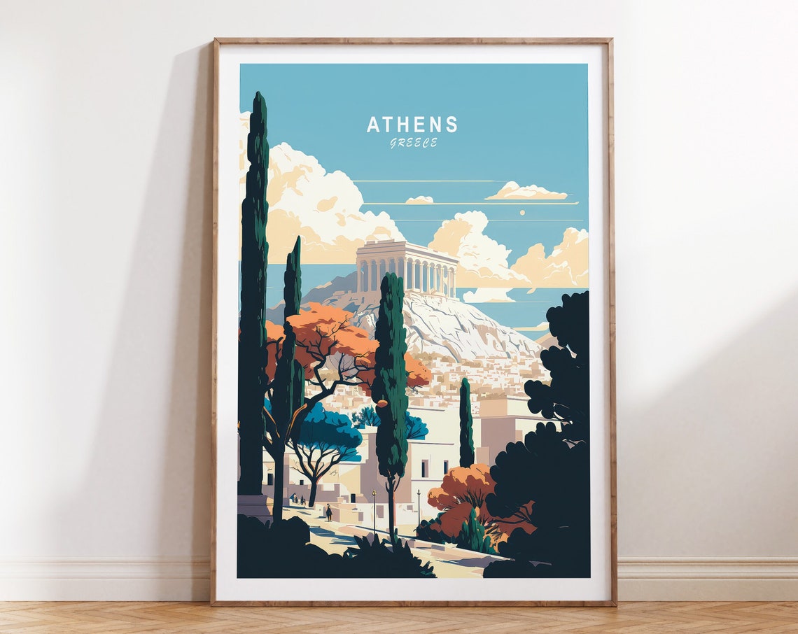 Athens Greece Acropolis Cypress Sunny Retro Travel Art Poster
