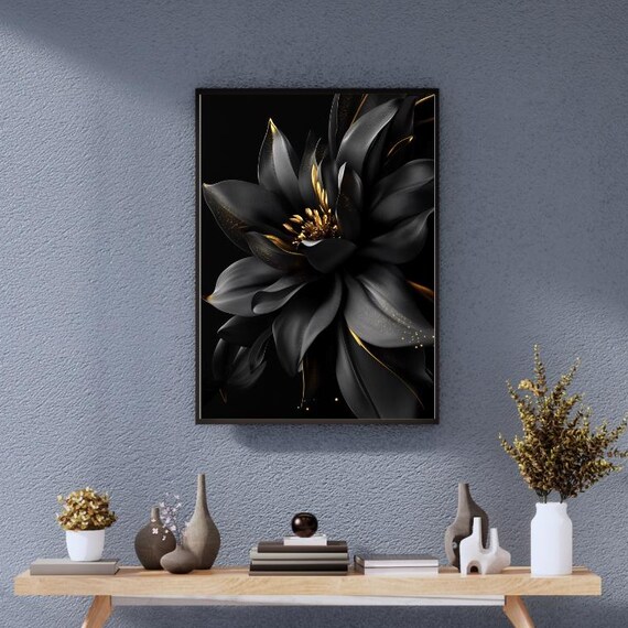 Black And Gold Flower Print Elegant Modern Floral Wall Art Luxury Botanical